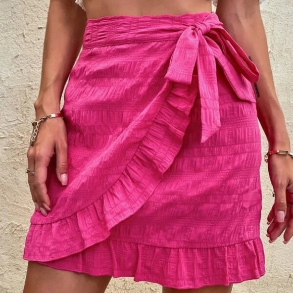 Pink Knot Side Ruffle Trim Wrap Mini Skirt - Picture 3 of 6